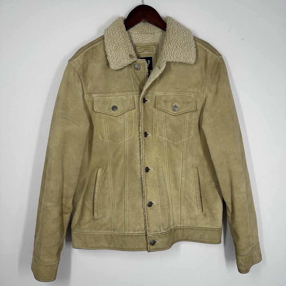 Gap Men's Vintage Y2K Tan Suede Sherpa Lined Trucker Jacket Small Leather Coat